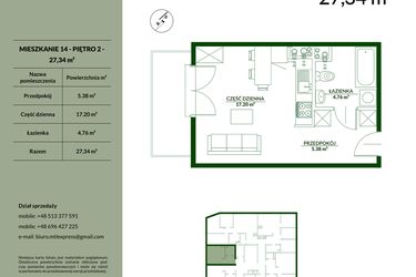 Rzut - Mieszkanie na sprzedaż 1 pokój o powierzchni 27,34 m² - numer 14 w Bukowa etap II
