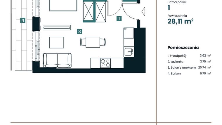 Rzut - Mieszkanie na sprzedaż 1 pokój o powierzchni 28,11 m² - numer M105 w Sea Breeze