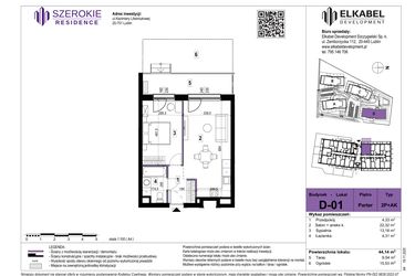 Rzut - Mieszkanie na sprzedaż 2 pokoje o powierzchni 44,14 m² - numer D-01 w Szerokie Residence