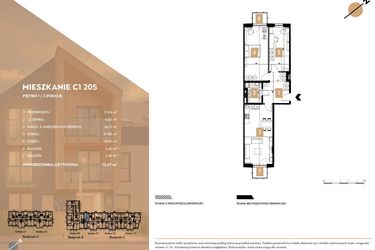 Rzut - Mieszkanie na sprzedaż 3 pokoje o powierzchni 75,87 m² - numer C1.205 w MOTTO Wojnów
