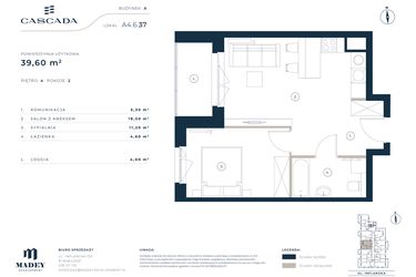 Rzut - Mieszkanie na sprzedaż 2 pokoje o powierzchni 39,6 m² - numer A4.6.37 w Cascada