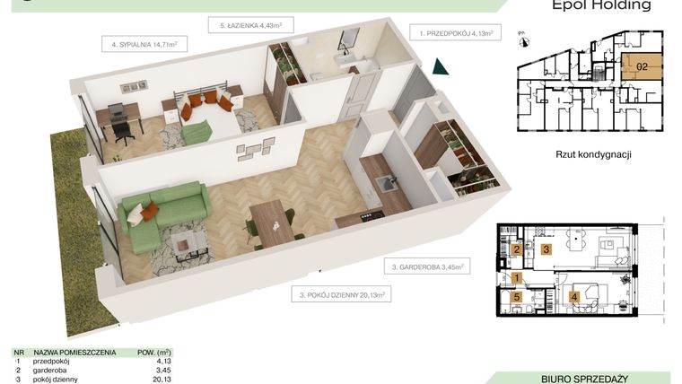 Rzut - Mieszkanie na sprzedaż 2 pokoje o powierzchni 46,85 m² - numer B1.M2 w Tutaj Bunscha
