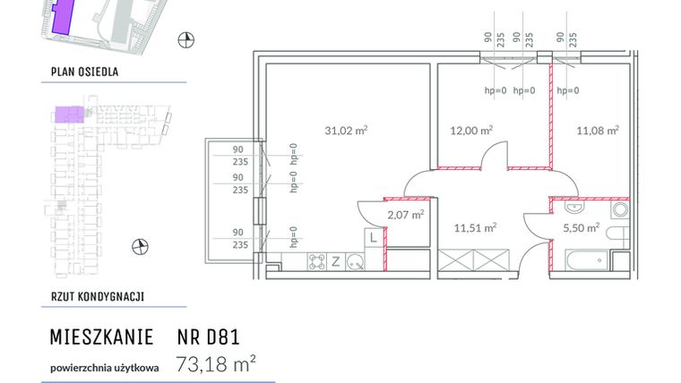 Rzut - Mieszkanie na sprzedaż 3 pokoje o powierzchni 73,18 m² - numer D81 w Osiedle Impresja 2