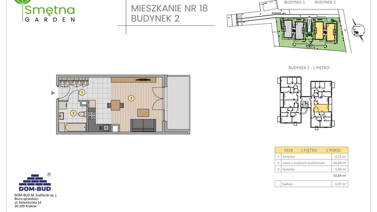 Rzut - Mieszkanie na sprzedaż 1 pokój o powierzchni 33,84 m² - numer 18 w Smętna Garden