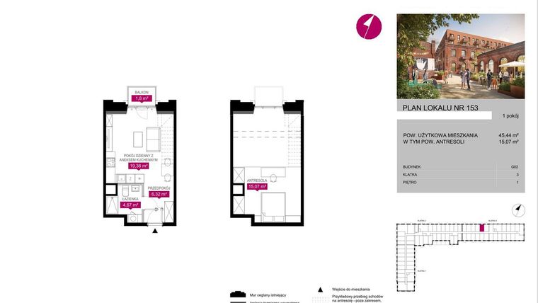 Rzut - Mieszkanie na sprzedaż 1 pokój o powierzchni 45,43 m² - numer G2.153 w Fuzja Lofty