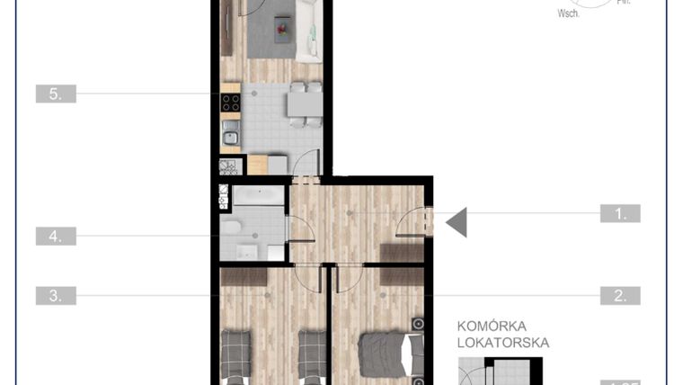 Rzut - Mieszkanie na sprzedaż 3 pokoje o powierzchni 57,07 m² - numer 51 w Szczytno Dąbrowskiego - etap 3
