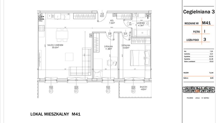 Rzut - Mieszkanie na sprzedaż 3 pokoje o powierzchni 71,94 m² - numer 41 w Osiedle StaLove etap I