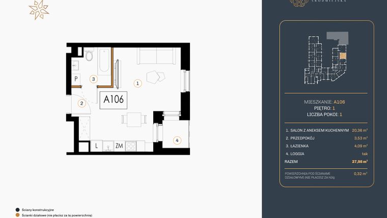 Rzut - Mieszkanie na sprzedaż 1 pokój o powierzchni 27,89 m² - numer A.106 w Rezydencja Śródmiejska