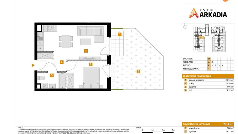 Rzut - Mieszkanie na sprzedaż 2 pokoje o powierzchni 39,12 m² - numer B1.1 w Osiedle Arkadia etap 2