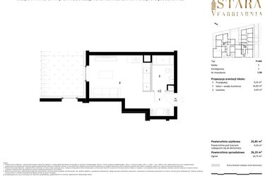 Rzut - Mieszkanie na sprzedaż 1 pokój o powierzchni 26,19 m² - numer 1.06 w Stara Farbiarnia