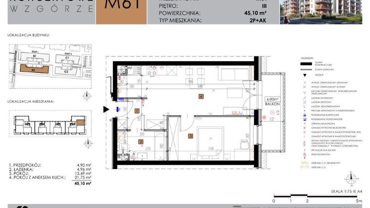 Rzut - Mieszkanie na sprzedaż 2 pokoje o powierzchni 45,1 m² - numer B2.61 w Koncertowe Wzgórze