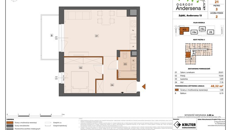 Rzut - Mieszkanie na sprzedaż 2 pokoje o powierzchni 48,32 m² - numer 21A w Ogrody Andersena