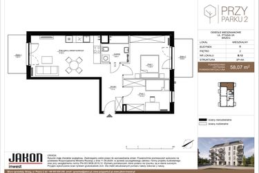 Rzut - Mieszkanie na sprzedaż 3 pokoje o powierzchni 58,07 m² - numer B.12 w Przy Parku 2