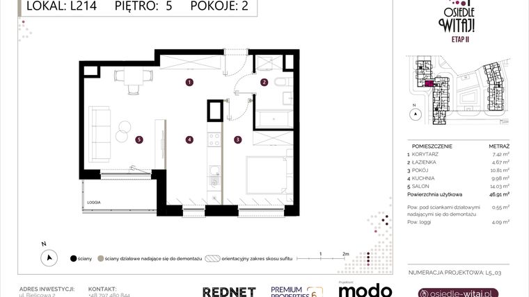 Rzut - Mieszkanie na sprzedaż 2 pokoje o powierzchni 47,46 m² - numer L214 w Osiedle Witaj etap II