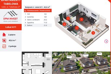 Rzut - Mieszkanie na sprzedaż 2 pokoje o powierzchni 45,6 m² - numer A11 w Apartamenty Tabelowa