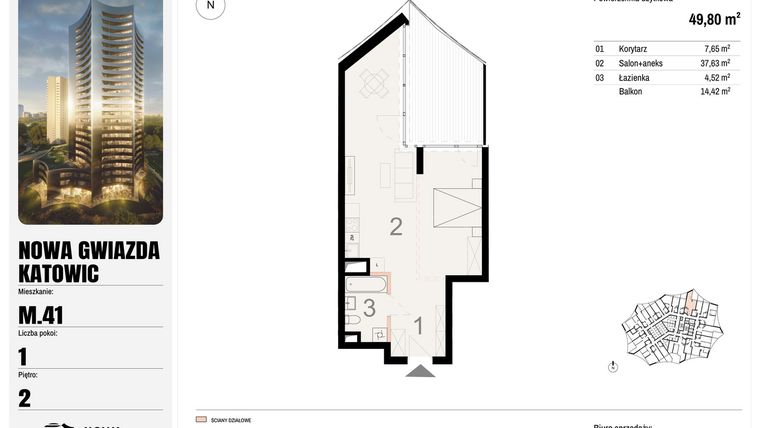 Rzut - Mieszkanie na sprzedaż 1 pokój o powierzchni 49,8 m² - numer M.41 w Nowa Gwiazda