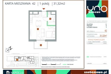 Rzut - Mieszkanie na sprzedaż 1 pokój o powierzchni 31,32 m² - numer 42 w UNO Bemowo