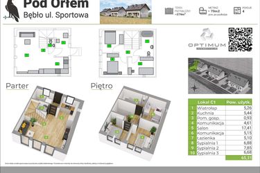 Rzut - Mieszkanie na sprzedaż 4 pokoje o powierzchni 65,31 m² - numer C1 w Pod Orłem
