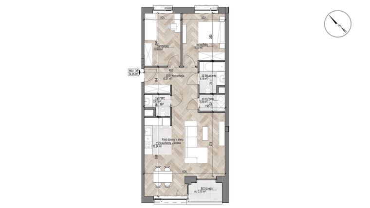 Rzut - Mieszkanie na sprzedaż 3 pokoje o powierzchni 74,05 m² - numer 33 w Apartamenty Czysta