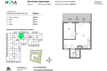 Rzut - Mieszkanie na sprzedaż 2 pokoje o powierzchni 36,94 m² - numer L.U. 2 w Nova Radiostacja - apartamenty inwestycyjne