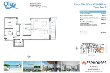 Rzut - Mieszkanie na sprzedaż 2 pokoje o powierzchni 84 m² - numer 2B w ESPHOUSES by Olas