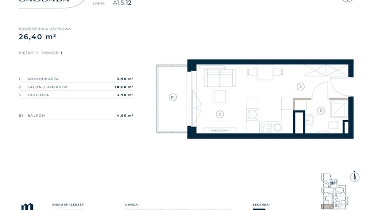 Rzut - Mieszkanie na sprzedaż 1 pokój o powierzchni 26,4 m² - numer A1.5.12 w Cascada