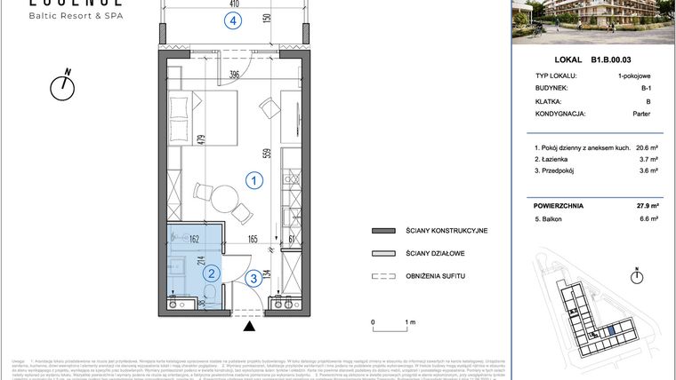 Rzut - Mieszkanie na sprzedaż 1 pokój o powierzchni 27,9 m² - numer B1.B.00.03 w ESSENSE Baltic Resort&SPA 2 - apartamenty inwestycyjne