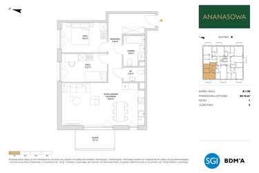 Rzut - Mieszkanie na sprzedaż 3 pokoje o powierzchni 69,16 m² - numer B.1.05 w Ananasowa