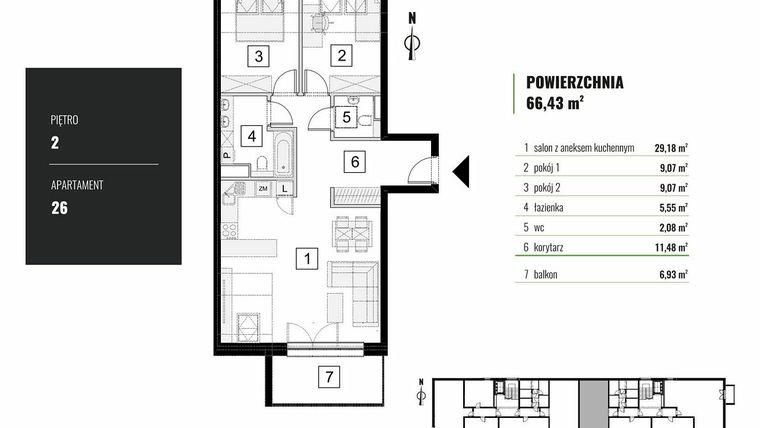 Rzut - Mieszkanie na sprzedaż 3 pokoje o powierzchni 66,43 m² - numer M.26 w Zielony Horyzont