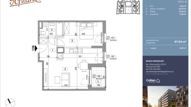Rzut - Mieszkanie na sprzedaż 2 pokoje o powierzchni 48,11 m² - numer F139 w Goplana budynek F