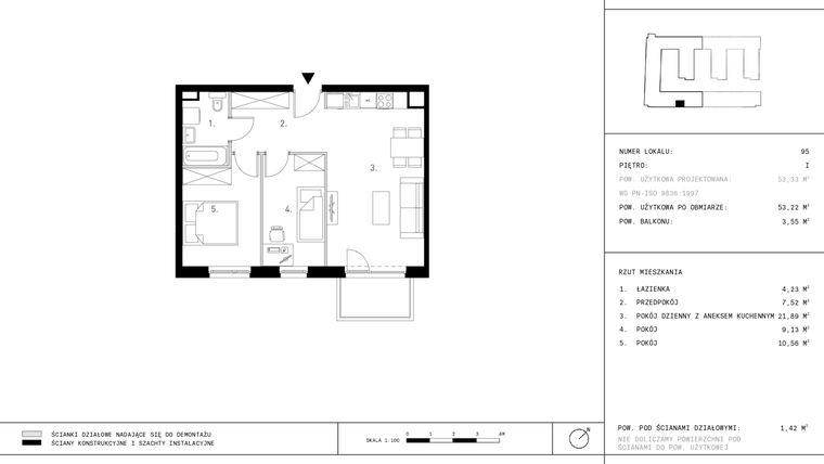 Rzut - Mieszkanie na sprzedaż 3 pokoje o powierzchni 53,22 m² - numer 1.A4-95 w Jurowiecka 22
