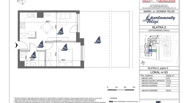 Rzut - Mieszkanie na sprzedaż 2 pokoje o powierzchni 39,26 m² - numer 63 w Apartamenty Teligi