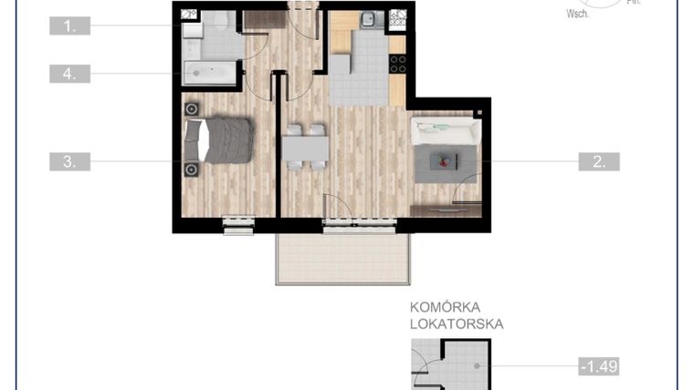 Rzut - Mieszkanie na sprzedaż 2 pokoje o powierzchni 48,32 m² - numer 11 w Szczytno Dąbrowskiego - etap 3