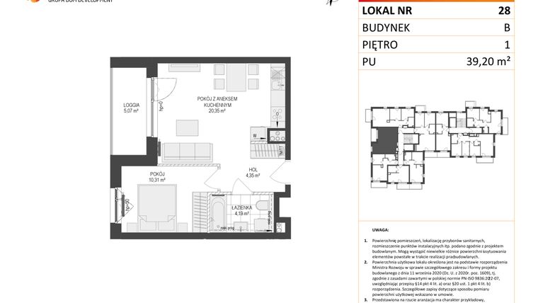 Rzut - Mieszkanie na sprzedaż 2 pokoje o powierzchni 39,2 m² - numer B.28 w Osiedle Warszawska etap III