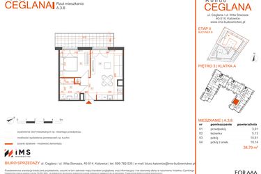 Rzut - Mieszkanie na sprzedaż 2 pokoje o powierzchni 38,68 m² - numer A.3.8 w Rondo Ceglana etap II