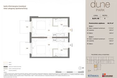 Rzut - Mieszkanie na sprzedaż 2 pokoje o powierzchni 42,7 m² - numer A 01.16 w DUNE Park