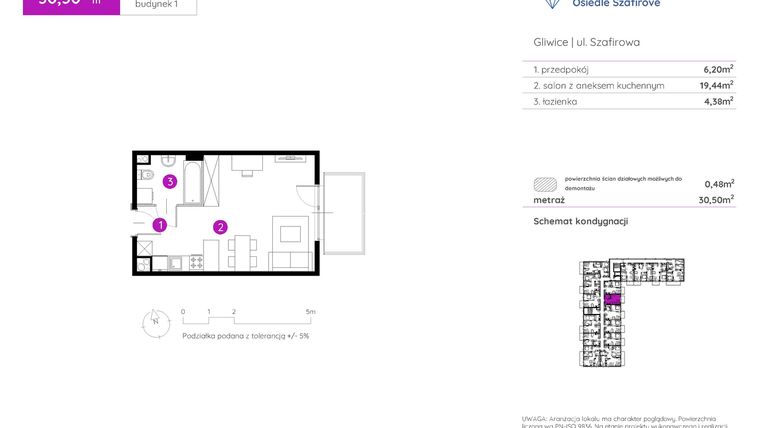 Rzut - Mieszkanie na sprzedaż 1 pokój o powierzchni 30,5 m² - numer 1.A.4.02 w Murapol Osiedle Szafirove II