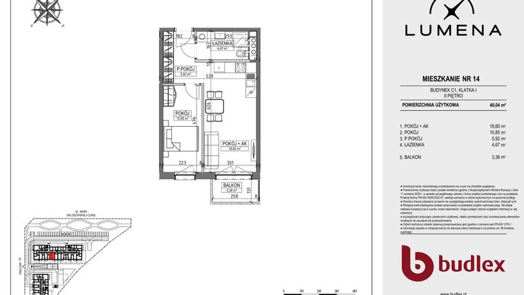 Rzut - Mieszkanie na sprzedaż 2 pokoje o powierzchni 40,04 m² - numer C1.14 w Lumena