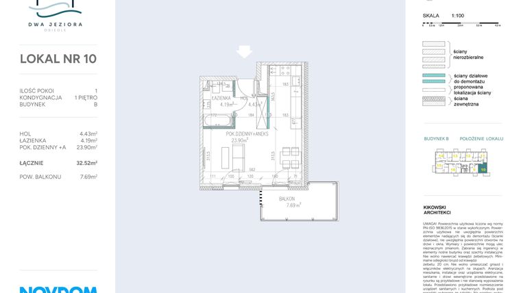 Rzut - Mieszkanie na sprzedaż 1 pokój o powierzchni 32,52 m² - numer B.10 w Dwa Jeziora AB