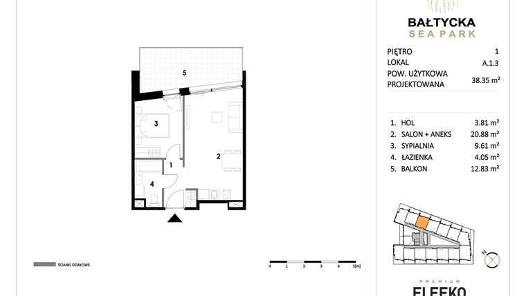 Rzut - Mieszkanie na sprzedaż 2 pokoje o powierzchni 38,35 m² - numer A.1.3 w Bałtycka Sea Park