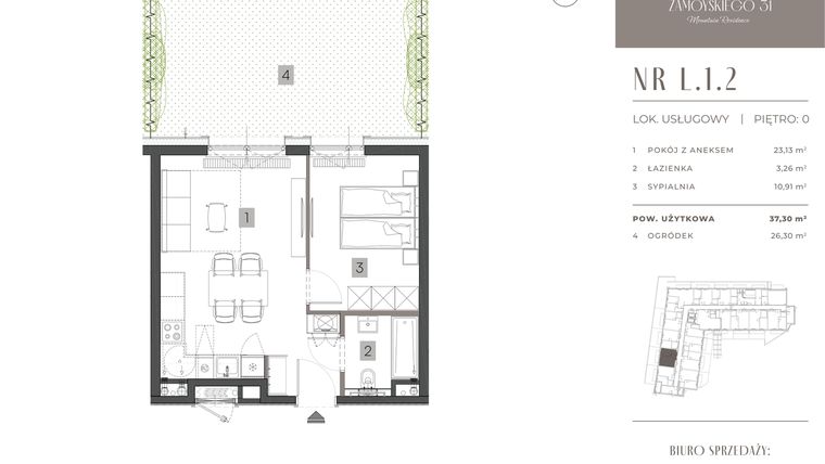 Rzut - Mieszkanie na sprzedaż 2 pokoje o powierzchni 37,3 m² - numer L.1.2 w Zamoyskiego 31
