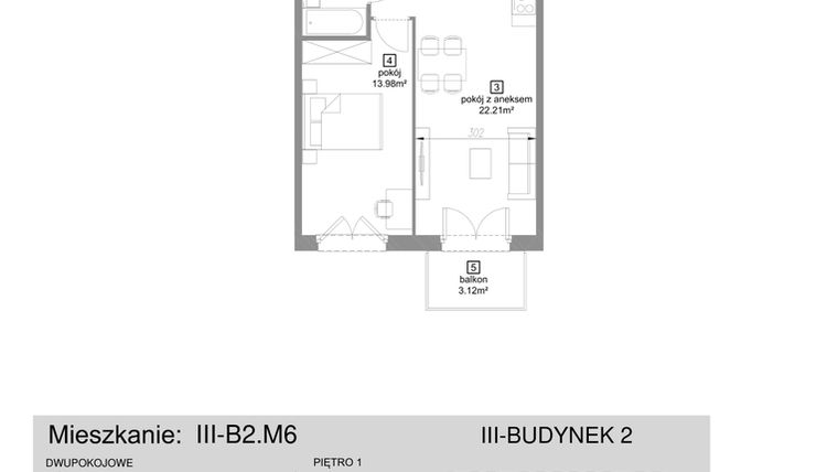 Rzut - Mieszkanie na sprzedaż 2 pokoje o powierzchni 45,1 m² - numer III-B2.M6 w Strefa Cegielnia 3