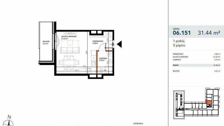 Rzut - Mieszkanie na sprzedaż 1 pokój o powierzchni 31,26 m² - numer 06.151 w Czysta 4