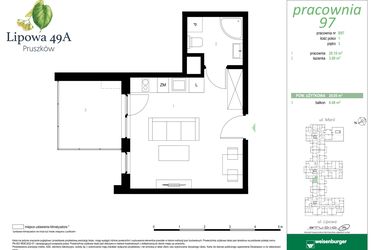 Rzut - Mieszkanie na sprzedaż 1 pokój o powierzchni 24,05 m² - numer 97B w Lipowa 49A - Apartamenty inwestycyjne