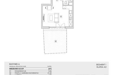 Rzut - Mieszkanie na sprzedaż 1 pokój o powierzchni 31,07 m² - numer A3.0.59 w Zakole Wisły