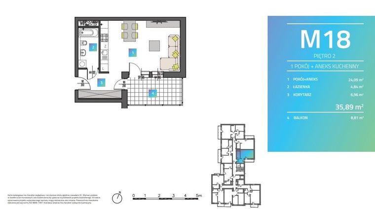 Rzut - Mieszkanie na sprzedaż 1 pokój o powierzchni 36,24 m² - numer M18 w Mi9