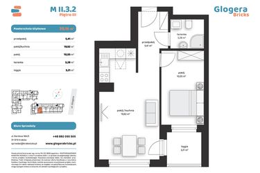 Rzut - Mieszkanie na sprzedaż 2 pokoje o powierzchni 39,16 m² - numer M II.3.2 w Glogera Bricks