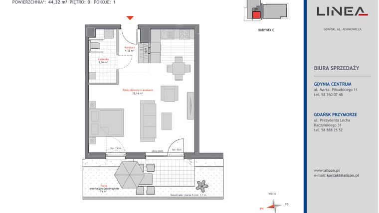 Rzut - Mieszkanie na sprzedaż 1 pokój o powierzchni 44,18 m² - numer C.0.2 w Linea