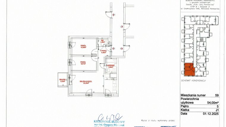 Rzut - Mieszkanie na sprzedaż 3 pokoje o powierzchni 54 m² - numer J1-59 w Park Leśny Rembertów etap VIII