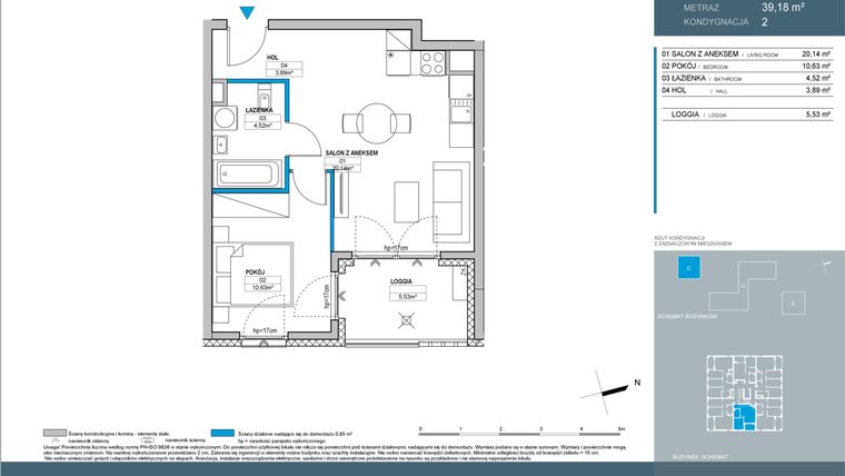 Rzut - Mieszkanie na sprzedaż 2 pokoje o powierzchni 39,22 m² - numer C.2.05 w Nordic Bemowo - etap IV